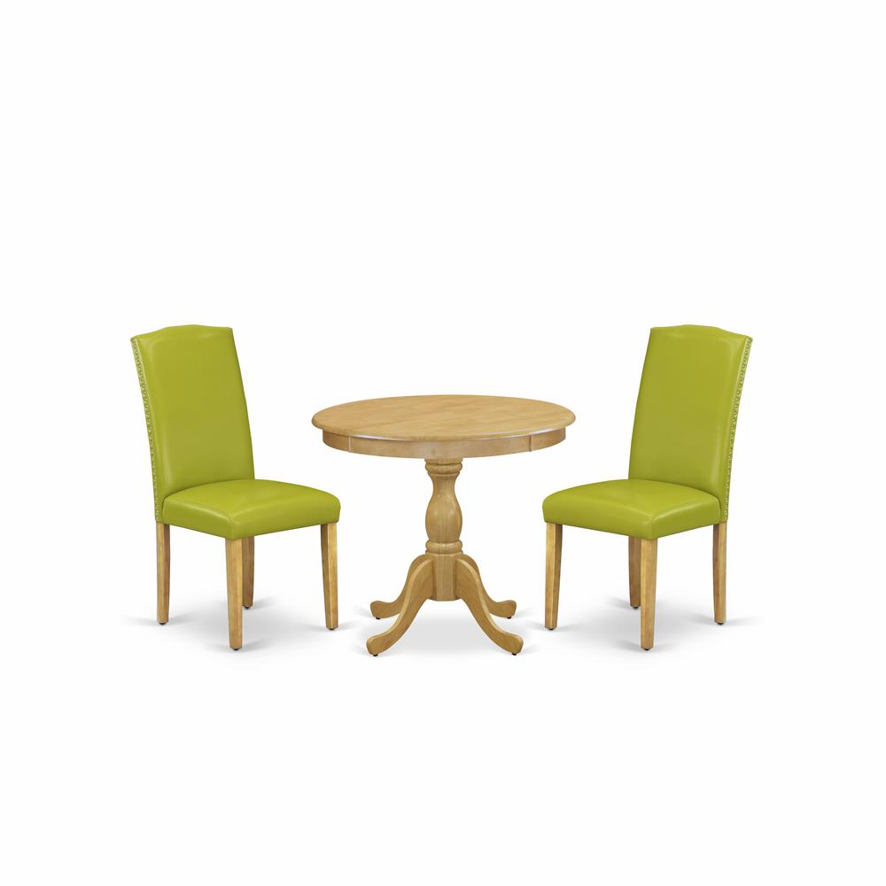 AMEN3-OAK-51 3 Piece Wooden Dining Table Set - 1 Pedestal Table and 2 Autumn Green Parsons Chair - Oak Finish. Picture 1