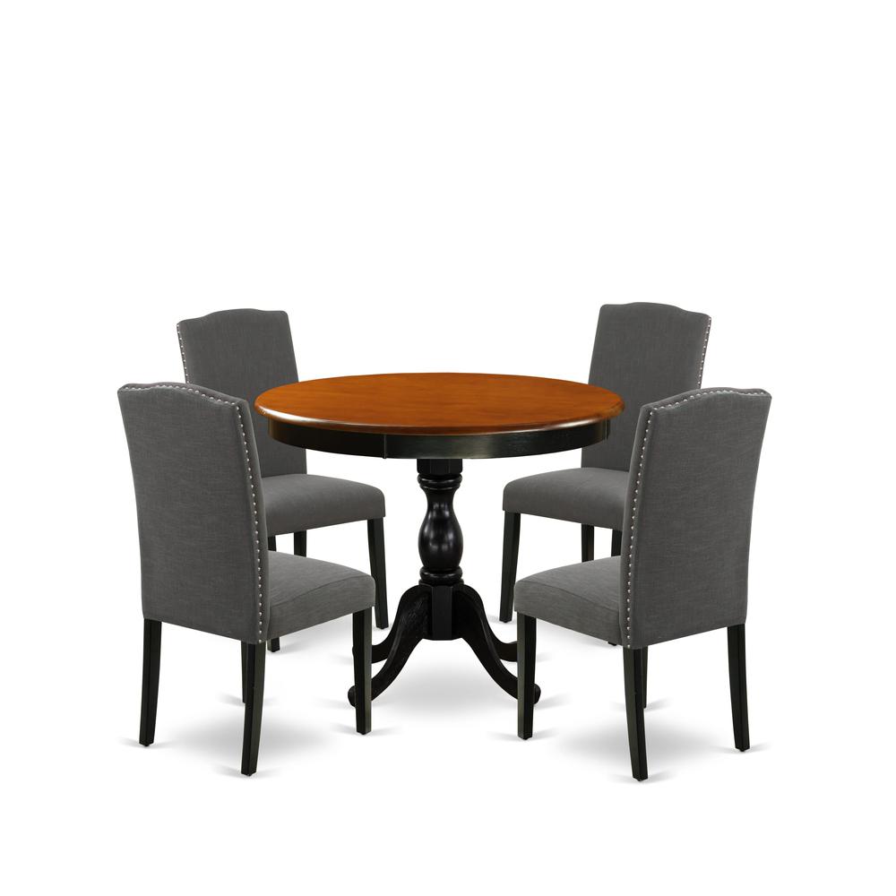 East West Furniture 5-Pc Round Kitchen Table Set Contains a Wood Kitchen Table and 4 Dark Gotham Grey Linen Fabric Kitchen Chairs with High Back - Black Finish. Picture 1