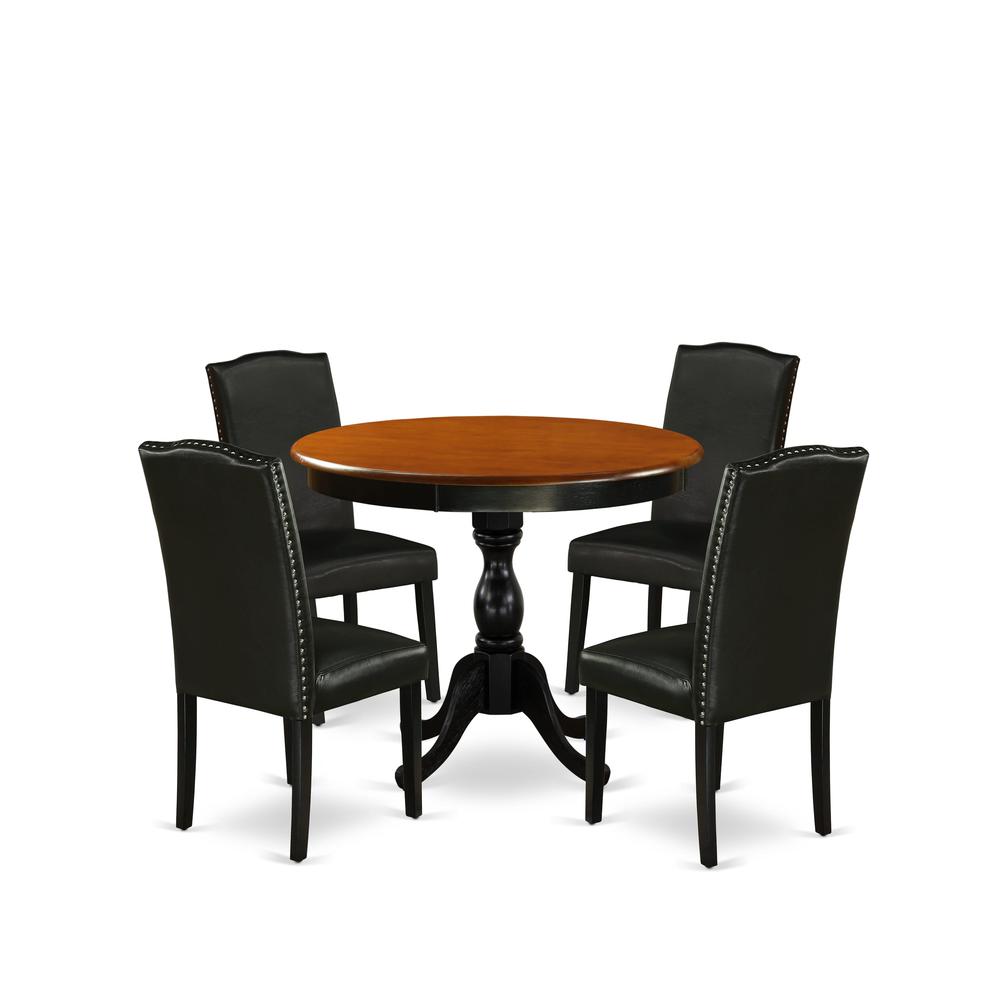 East West Furniture 5-Piece Round Table Set Contains a Wood Kitchen Table and 4 Black PU Leather Upholstered Chairs with High Back - Black Finish. Picture 1