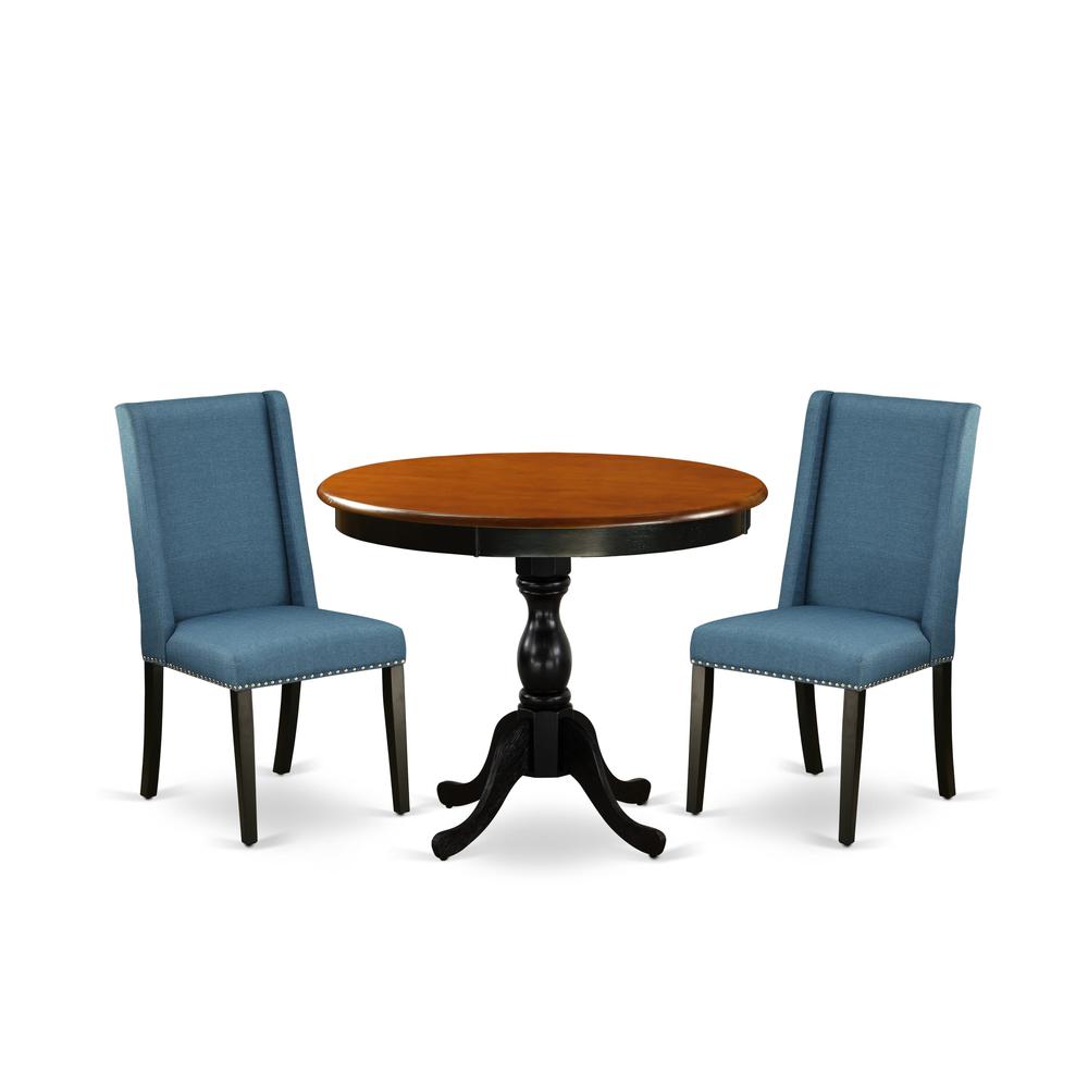 East West Furniture 3-Pc Dinning Room Set Includes a Wood Kitchen Table and 2 Blue Linen Fabric Dinning Chairs with High Back - Black Finish. Picture 1