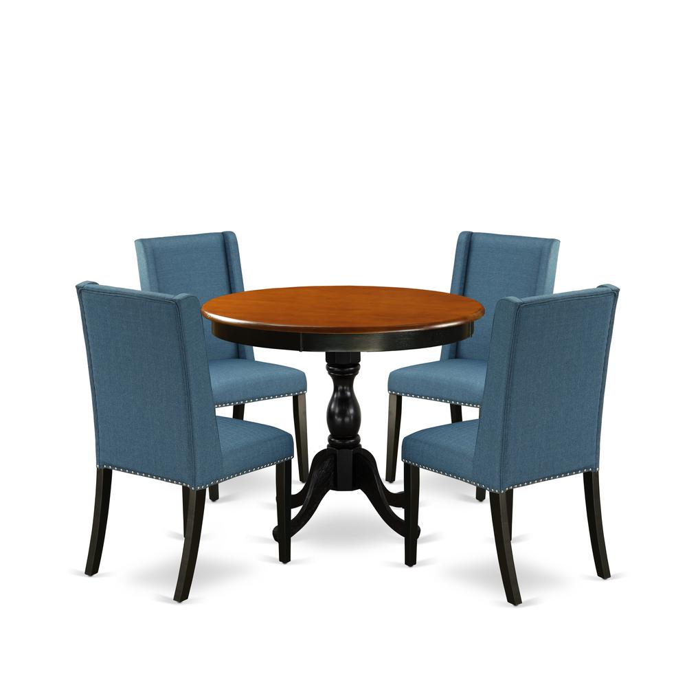 East West Furniture 5-Piece Wooden Dining Set Consists of a Kitchen Dining Table and 4 Blue Linen Fabric Dining Room Chairs with High Back - Black Finish. Picture 1