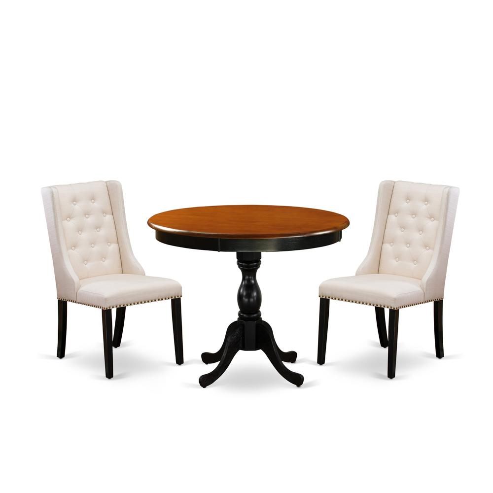 East West Furniture 3-Pc Wooden Dinette Set Consists of a Dinette Table and 2 Cream Linen Fabric Mid Century Modern Chairs with Button Tufted Back - Black Finish. Picture 1