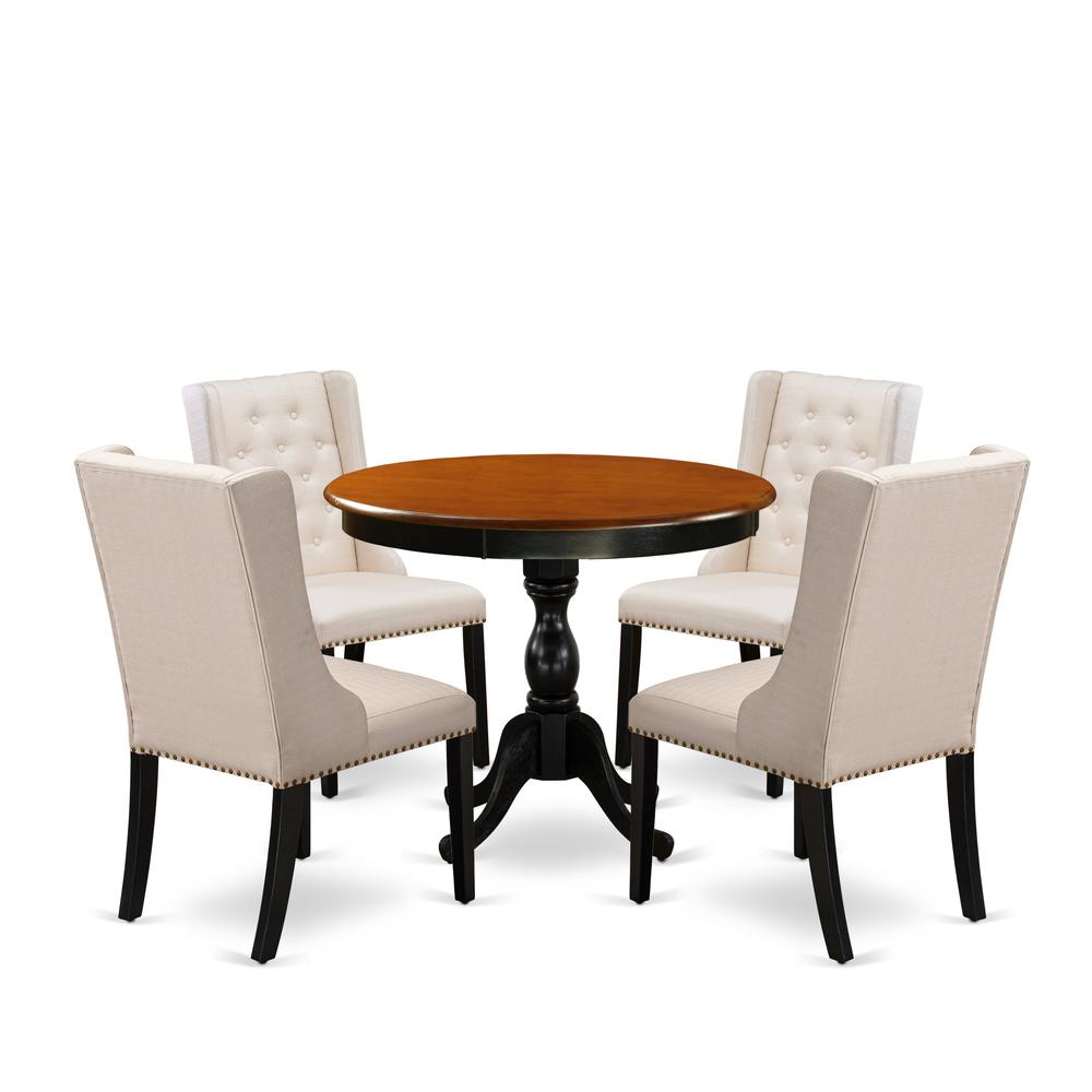 East West Furniture 5-Piece Modern Dining Table Set Contains a Wood Dining Table and 4 Cream Linen Fabric Dining Room Chairs with Button Tufted Back - Black Finish. Picture 1