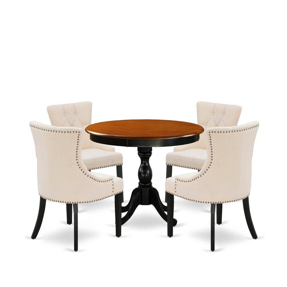 East West Furniture 5-Piece Round Dining Table Set Contains a Dining Room Table and 4 Light Beige Linen Fabric Dining Chairs with Button Tufted Back - Black Finish. Picture 1