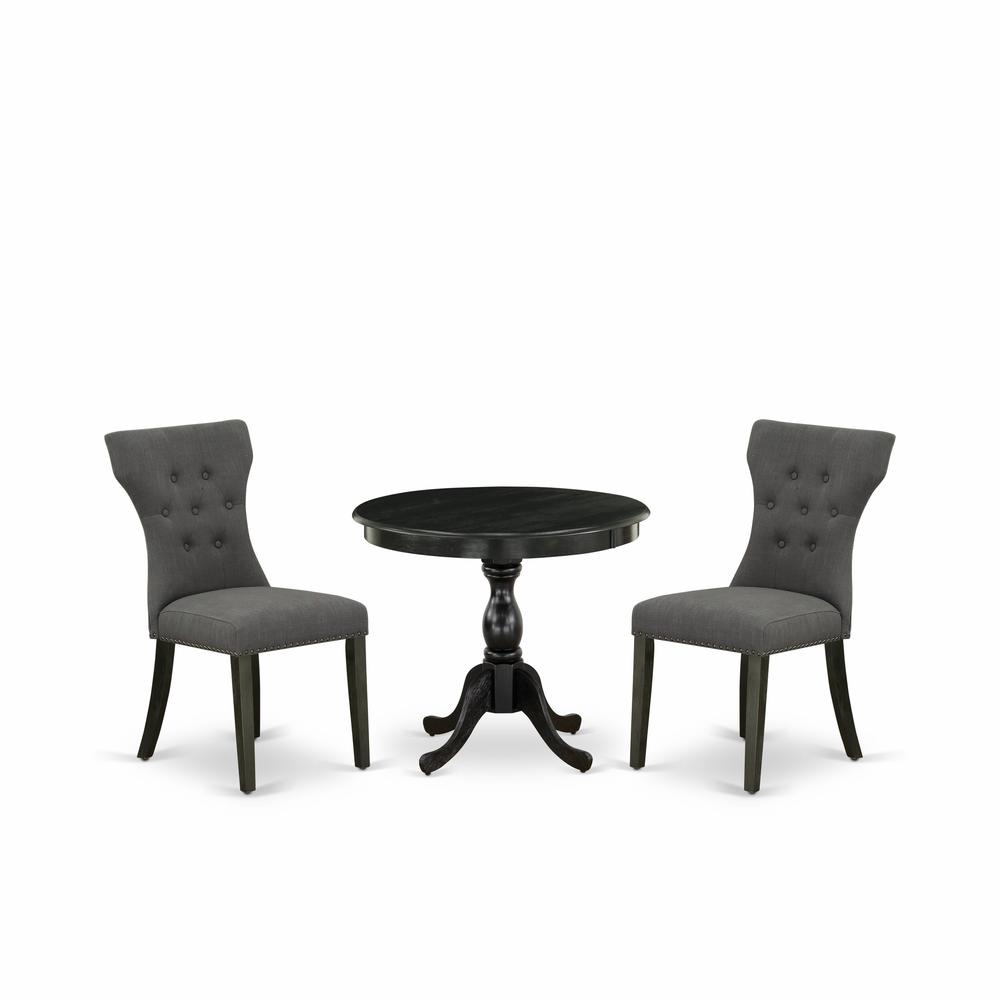 East West Furniture 3 Piece Dining Set Contains 1 Dining Table and 2 Dark Gotham Grey Linen Fabric Dining Chairs Button Tufted Back with Nail Heads - Wire Brushed Black Finish. Picture 1