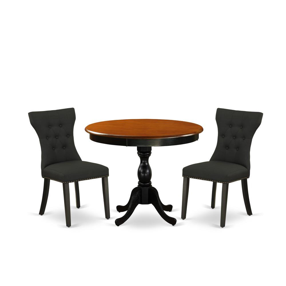 East West Furniture 3-Pc Dinning Room Set Includes a Wooden Table and 2 Black Linen Fabric Dining Room Chairs with Button Tufted Back - Black Finish. Picture 1