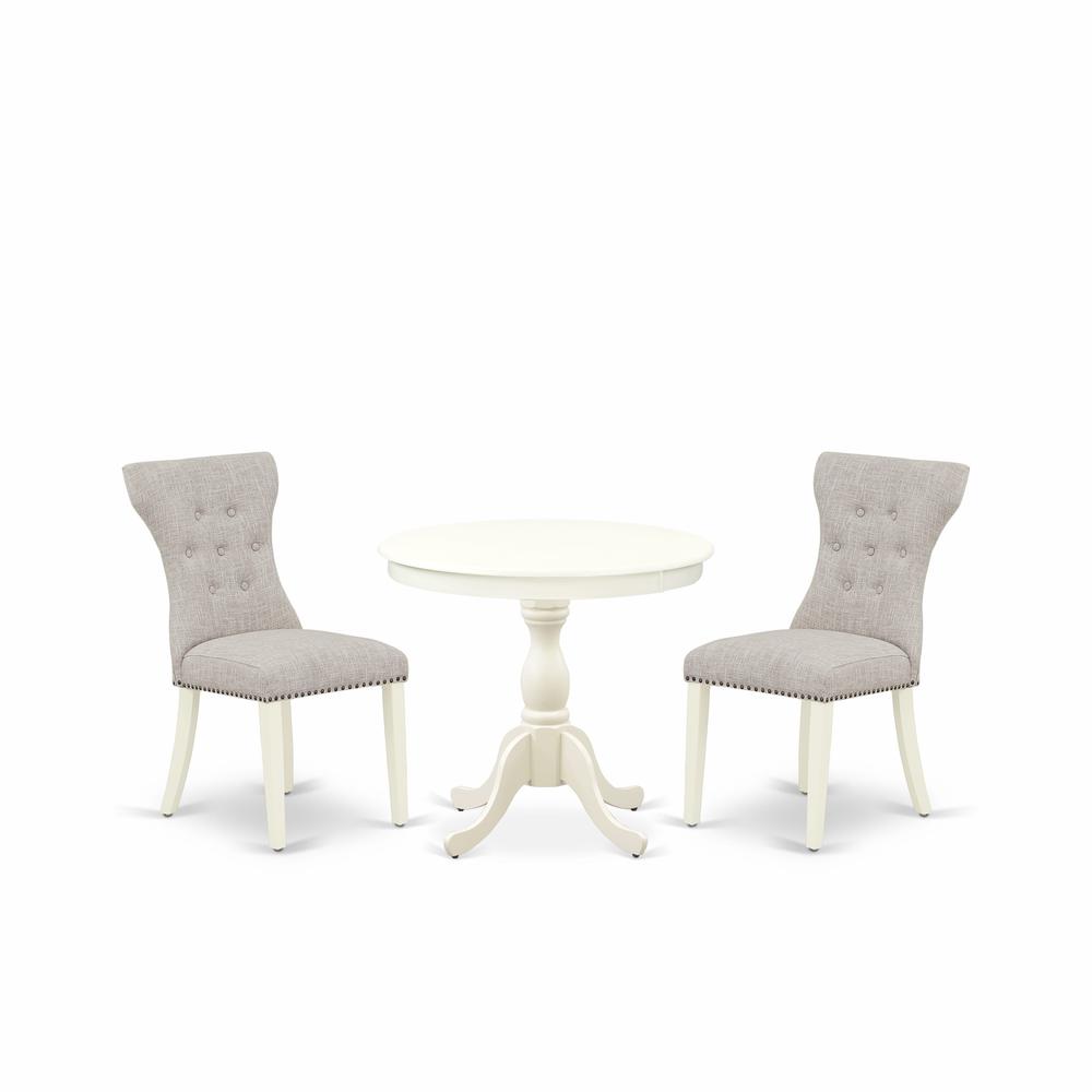 AMGA3-LWH-35 3 Pc Wood Dining Table Set - 1 Dining Table and 2 Doeskin Upholstered Chairs - Linen White Finish. Picture 1