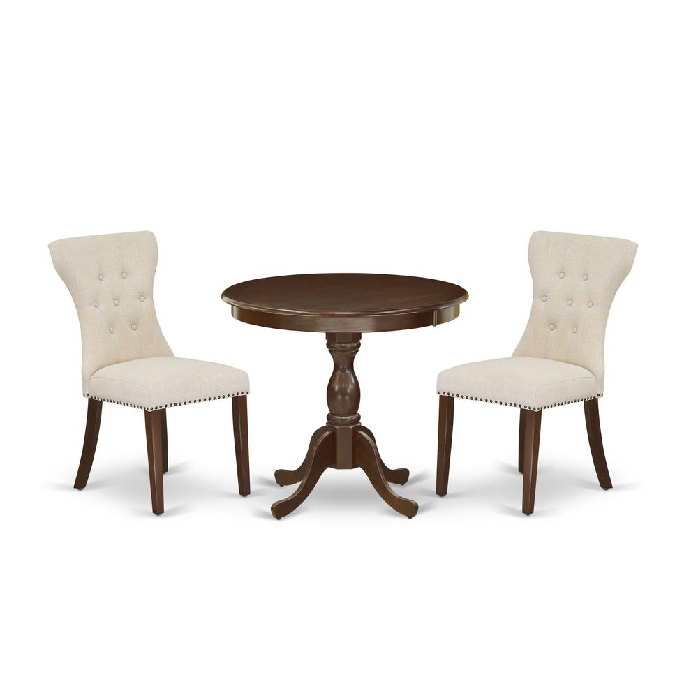 AMGA3-MAH-32 3 Piece Dining Set - 1 Mid Century Dining Table and 2 Light Beige Dining Chairs - Mahogany Finish. Picture 1