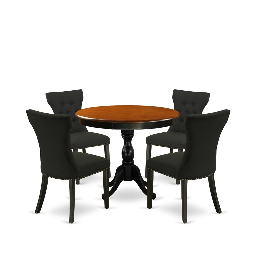 East West Furniture 5-Piece Dinette Set Consists of a Modern Dining Table and 4 Black Linen Fabric Upholstered Dining Chairs with Button Tufted Back - Black Finish. Picture 1