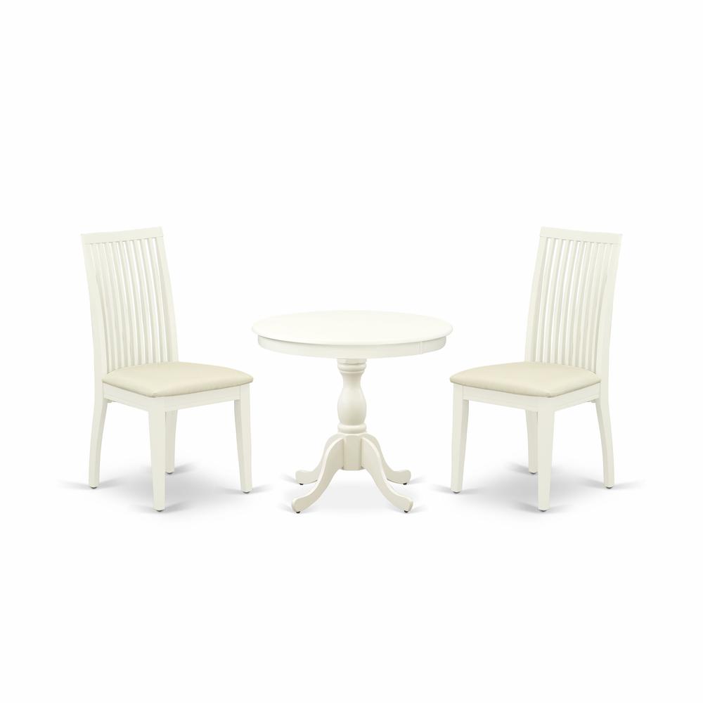 AMIP3-LWH-C 3 Piece Dining Table Set - 1 Dinner Table and 2 Linen White Kitchen Chairs - Linen White Finish. Picture 1