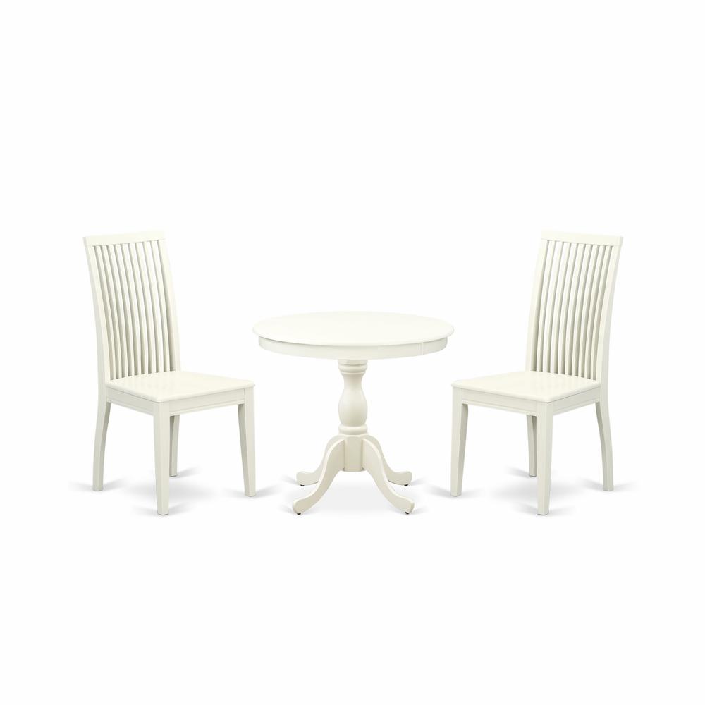 AMIP3-LWH-W 3 Piece Dining Room Set - 1 Wood Table and 2 Linen White Wood Dining Chairs - Linen White Finish. Picture 1
