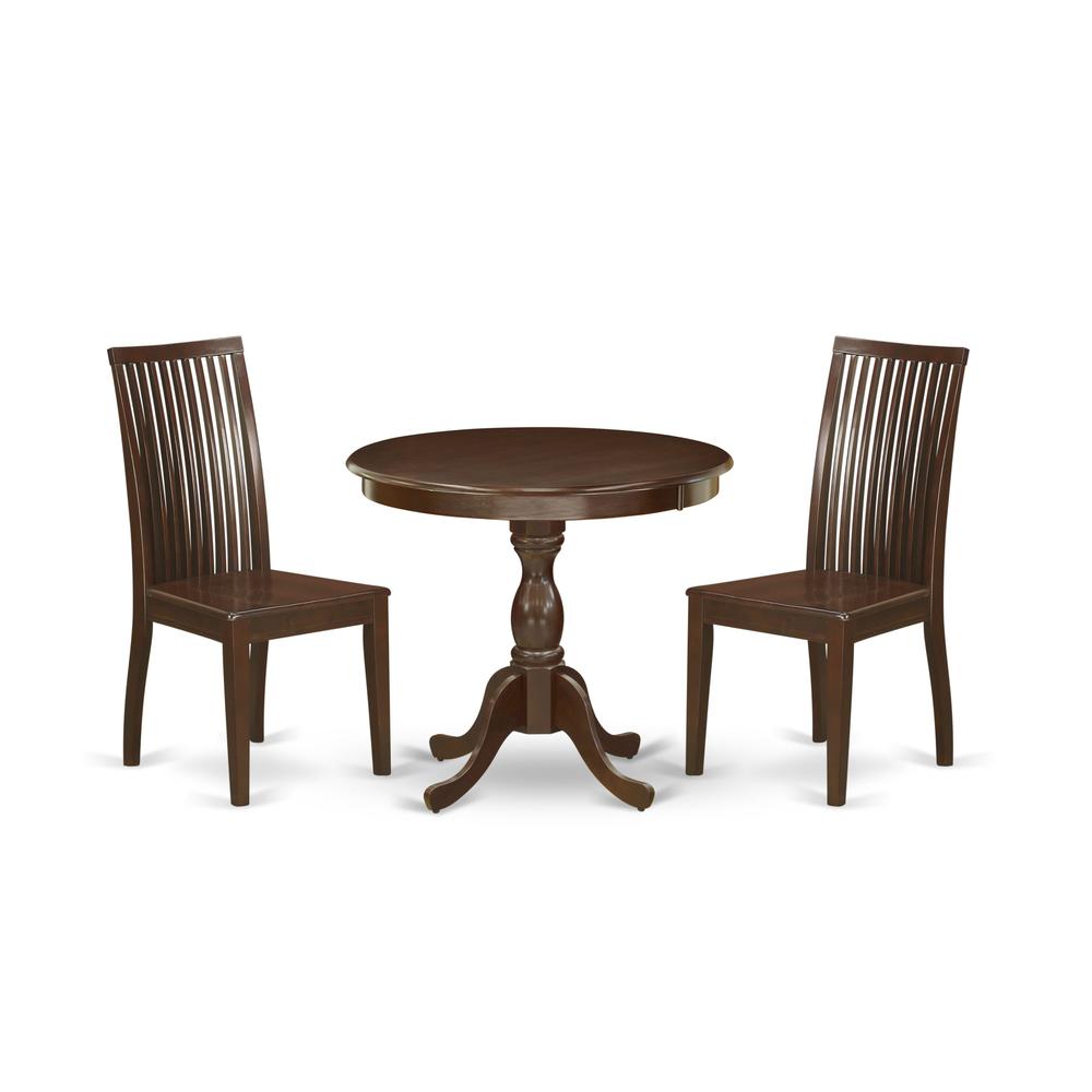 AMIP3-MAH-W 3 Piece Dining Table Set - 1 Pedestal Table and 2 Mahogany Dining Chairs - Mahogany Finish. Picture 1