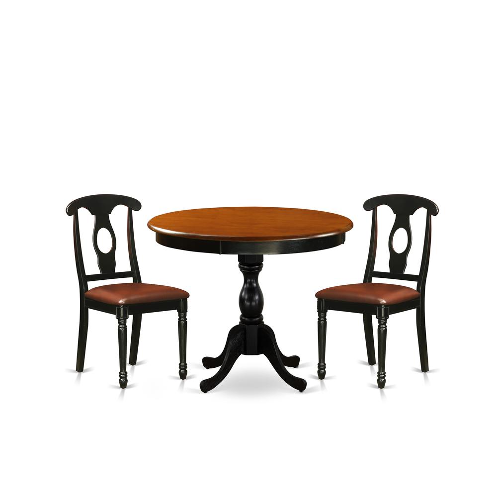 East West Furniture 3-Piece Table Set Contains a Dinner Table and 2 Faux Leather Mid Century Chairs with Napoleon Back - Black Finish. Picture 1