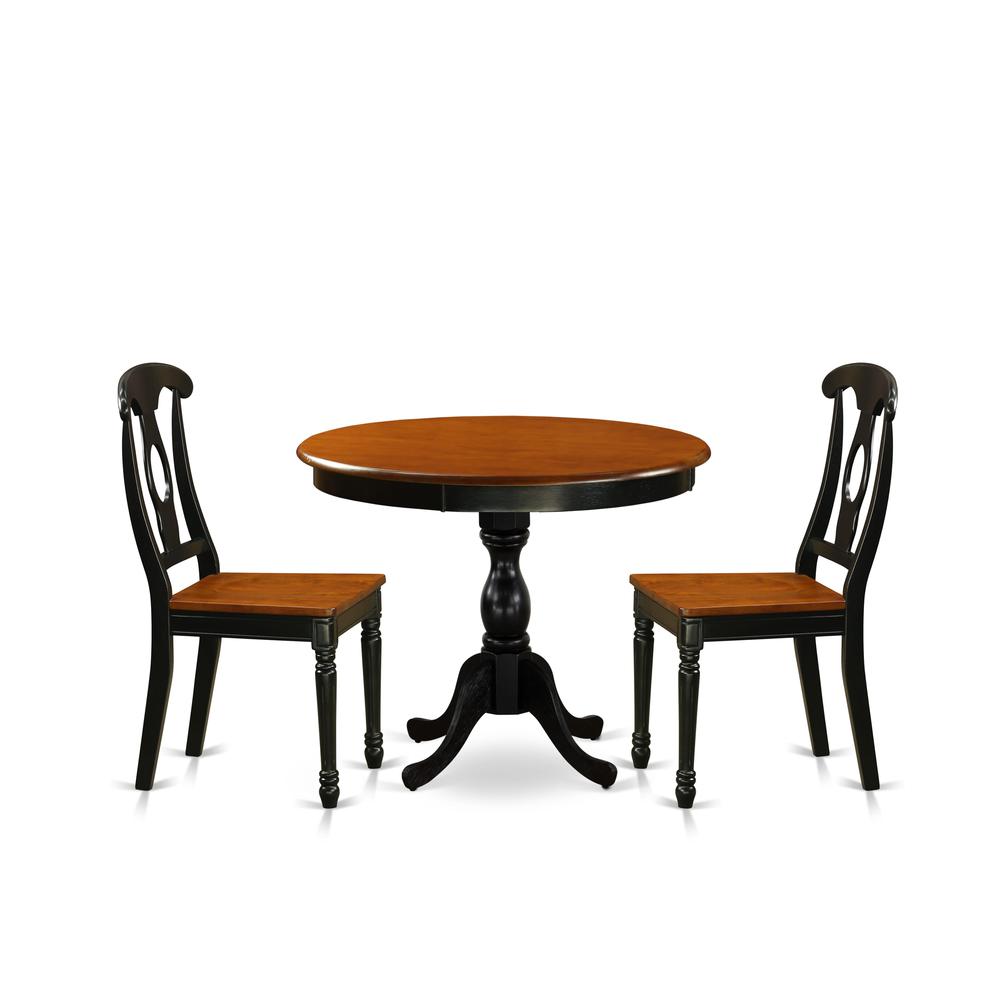 East West Furniture 3-Piece Dining Table Set Include a Dinner Table and 2 Dinning Chairs with Napoleon Back - Black Finish. Picture 1