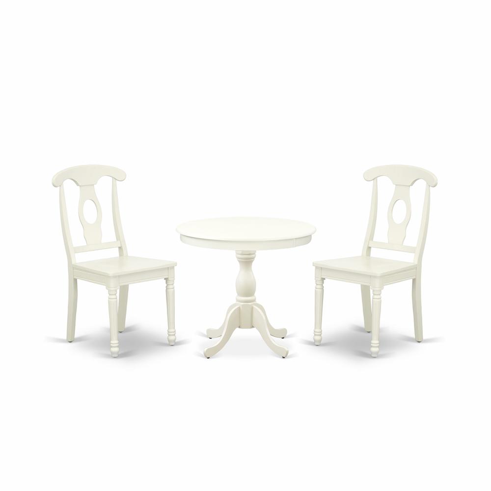 AMKE3-LWH-W 3 Piece Dining Set - 1 Pedestal Table and 2 Linen White Wooden Kitchen Chairs - Linen White Finish. Picture 1