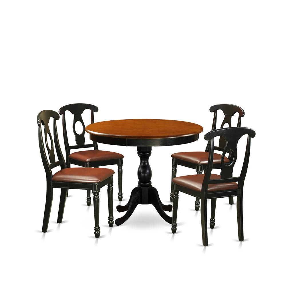 East West Furniture 5-Piece Dining Set Include a Dining Table and 4 Faux Leather Kitchen Chairs with Napoleon Back- Black Finish. Picture 1