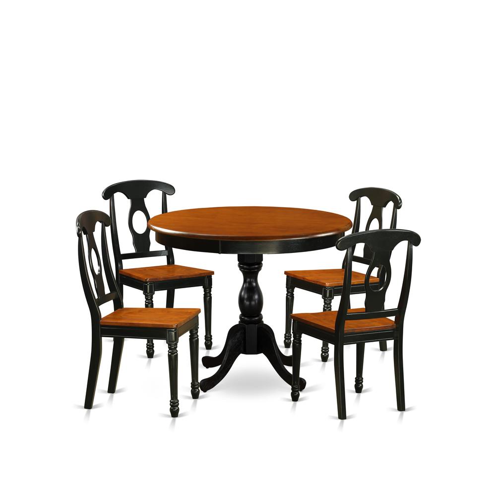 East West Furniture 5-Piece Dining Set Consist of Mid Century Table and 4 Kitchen Chairs with Napoleon Back - Black Finish. Picture 1