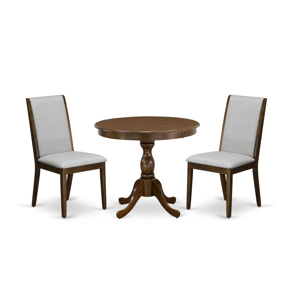 East West Furniture 3 Piece DINETTE SET Contains 1 Wood Dining Table and 2 Grey Linen Fabric Parsons Chair with High Back - Acacia Walnut Finish. Picture 1