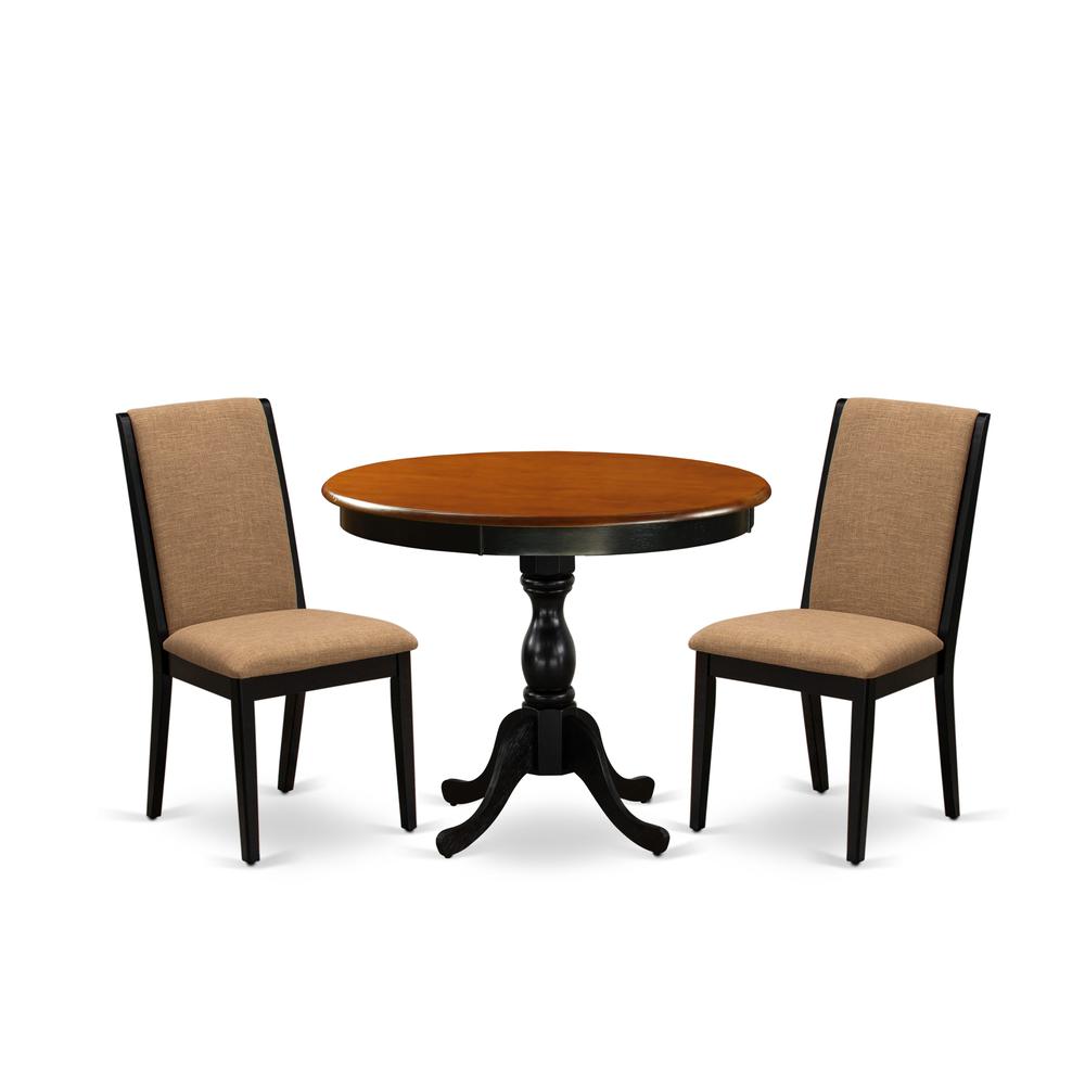East West Furniture 3-Pc Dining Room Table Set Consists of a Dining Table and 2 Light Sable Linen Fabric Parsons Chairs with High Back - Black Finish. Picture 1