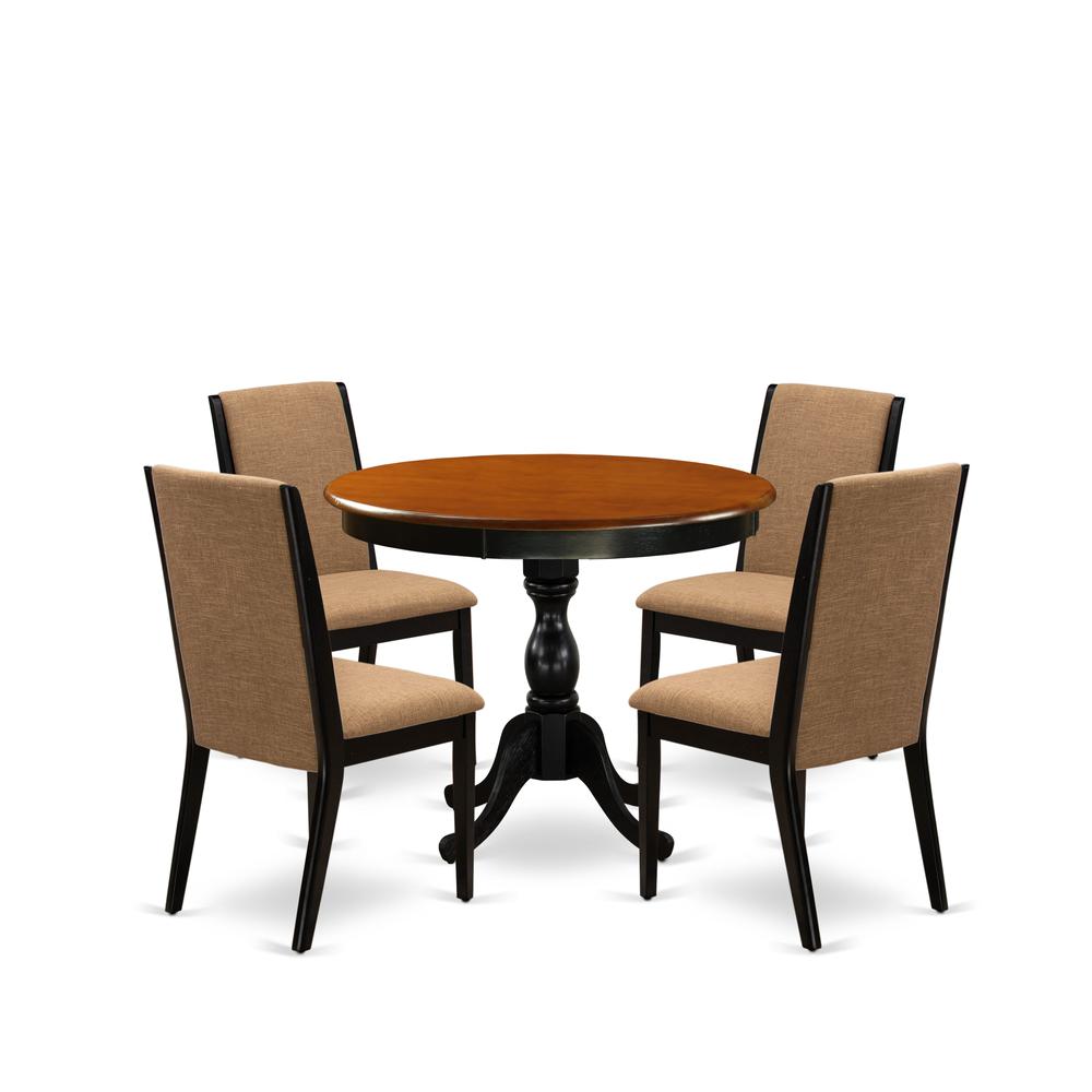 East West Furniture 5-Piece Dinning Room Set Contains a Round Dining Table and 4 Light Sable Linen Fabric Upholstered Dining Chairs with High Back - Black Finish. Picture 1