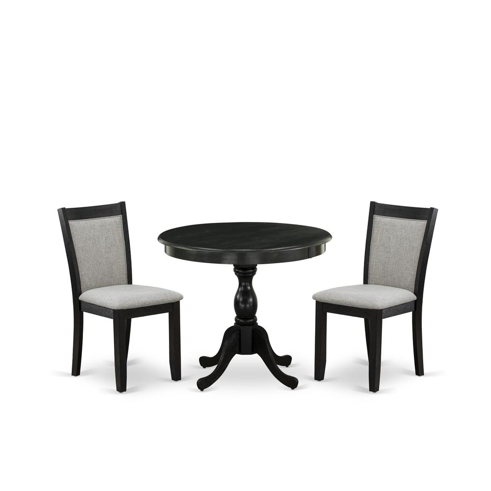 East West Furniture 3-Pc Dining Room Table Set Consists of a Wood Table and 2 Shitake Linen Fabric Parson Dining Chairs - Wire Brushed Black Finish. Picture 1