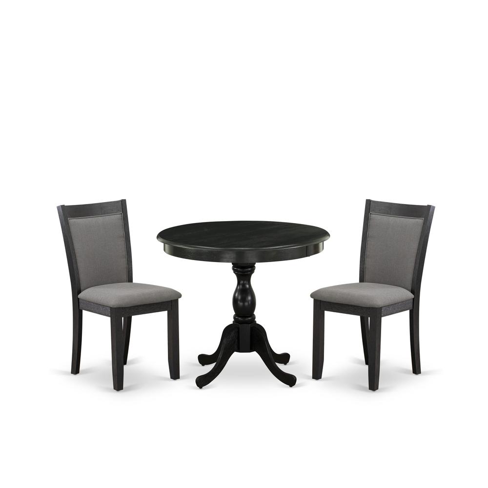 East West Furniture 3-Piece Dining Set Consists of a Round Pedestal Table with Drop Leaves and 2 Dark Gotham Grey Linen Fabric Dining Chairs - Wire Brushed Black Finish. Picture 1