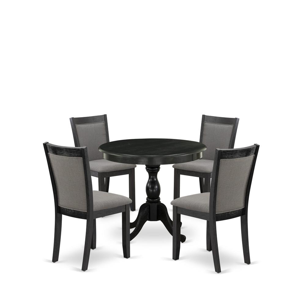 East West Furniture 5-Piece Dining Room Table Set Contains a Modern Dining Room Table and 4 Baby Blue Linen Fabric Dining Chairs - Wire Brushed Black Finish. Picture 1