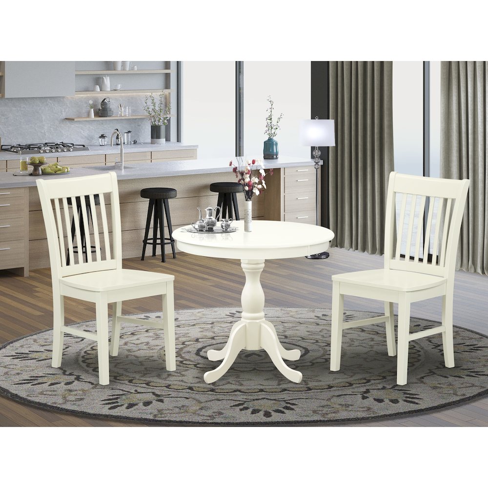 East West Furniture 3 Piece Dining Room Table Set Includes 1 Wood Dining Table and 2 Linen White Kitchen Chairs with Slatted Back - Linen White Finish. Picture 2