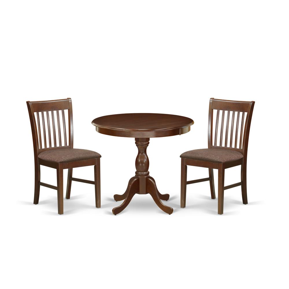 AMNF3-MAH-C 3 Piece Dining Table Set - 1 Round Pedestal Table and 2 Mahogany Dining Chairs - Mahogany Finish. Picture 1