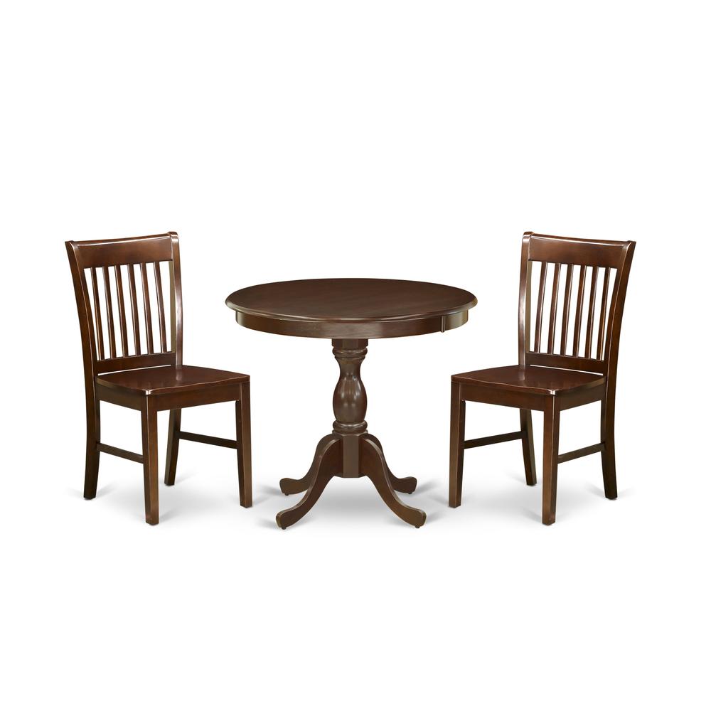 AMNF3-MAH-W 3 Piece Dining Room Table Set - 1 Wooden Table and 2 Mahogany Dining Chairs - Mahogany Finish. Picture 1