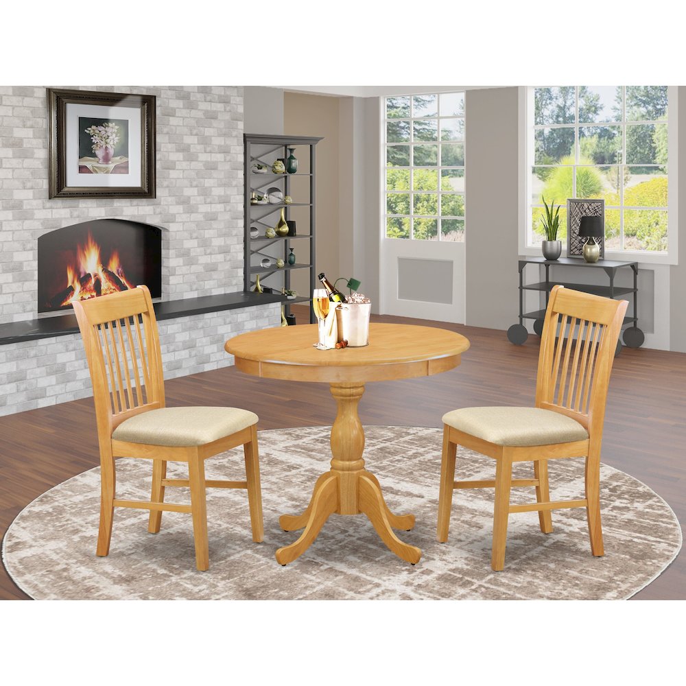 East West Furniture 3 Piece Dining Room Set Consists of 1 Wooden Dining Table and 2 Oak Linen Fabric Dining Room Chairs with Slatted Back - Oak Finish. Picture 2