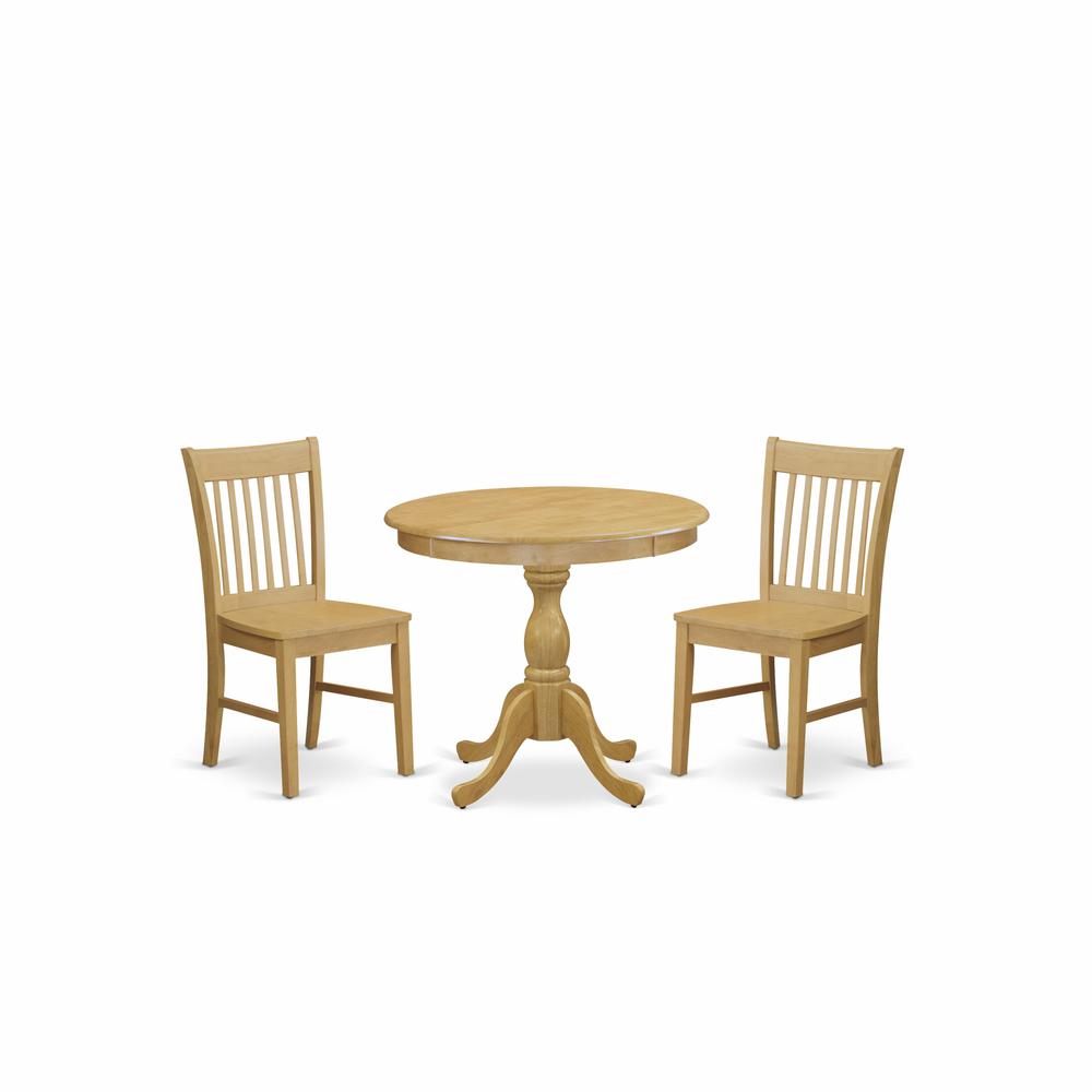 AMNF3-OAK-W 3 Pc Dining Room Table Set - 1 Modern Dining Room Table and 2 Oak Dining Chairs - Oak Finish. Picture 1