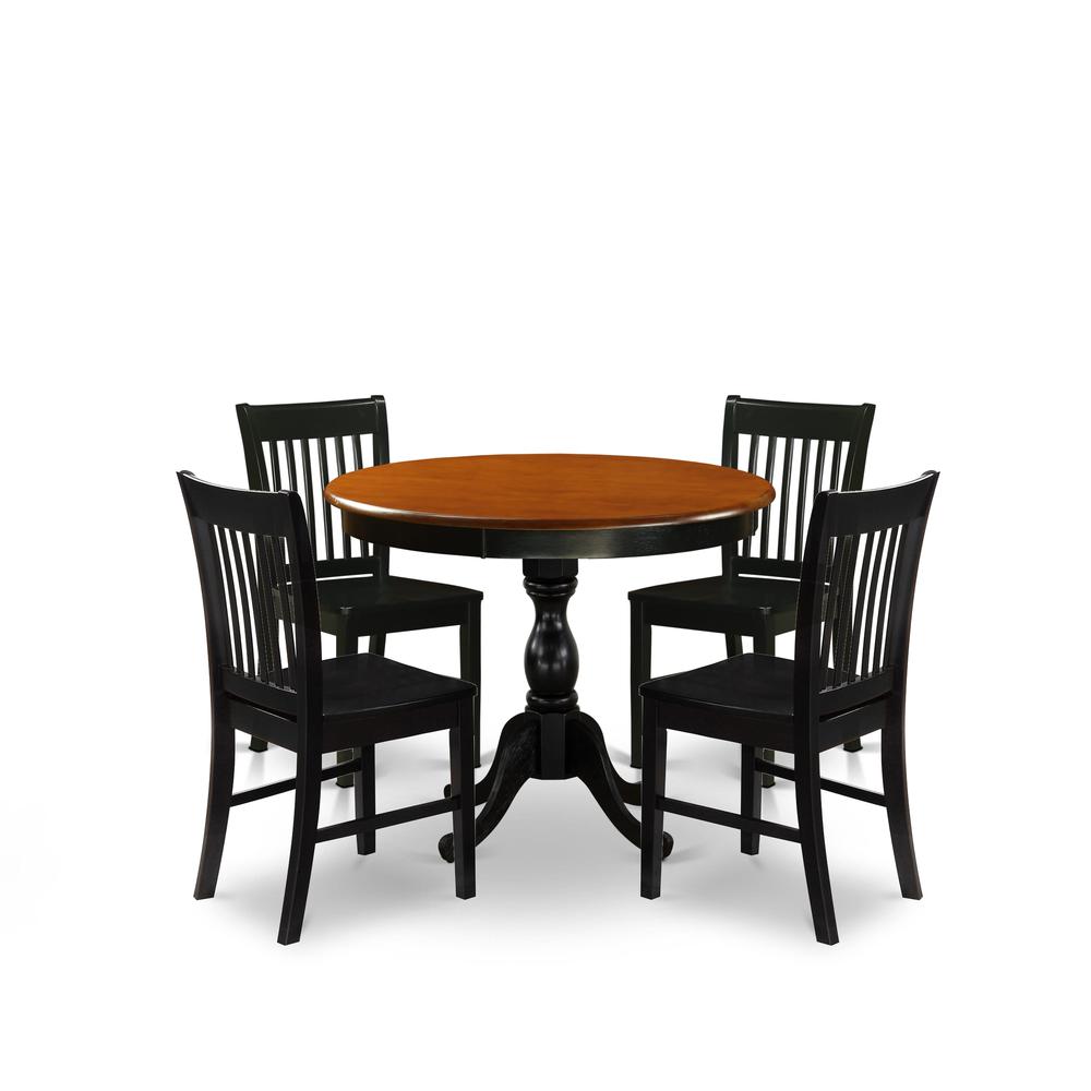 East West Furniture 5-Piece Dinning Table Set Consists of a Dining Table and 4 Wood Kitchen Chairs with Slatted Back - Black Finish. Picture 1