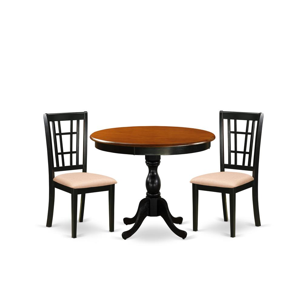 East West Furniture 3-Pc Dinning Table Set Consists of a Modern Kitchen Table and 2 Linen Fabric Mid Century Chairs with Slatted Back - Black Finish. Picture 1