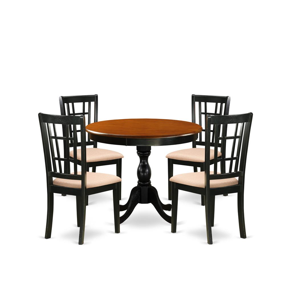 East West Furniture 5-Piece Modern Dining Set Consists of a Mid Century Dining Table and 4 Linen Fabric Dinning Room Chairs with Slatted Back - Black Finish. Picture 1