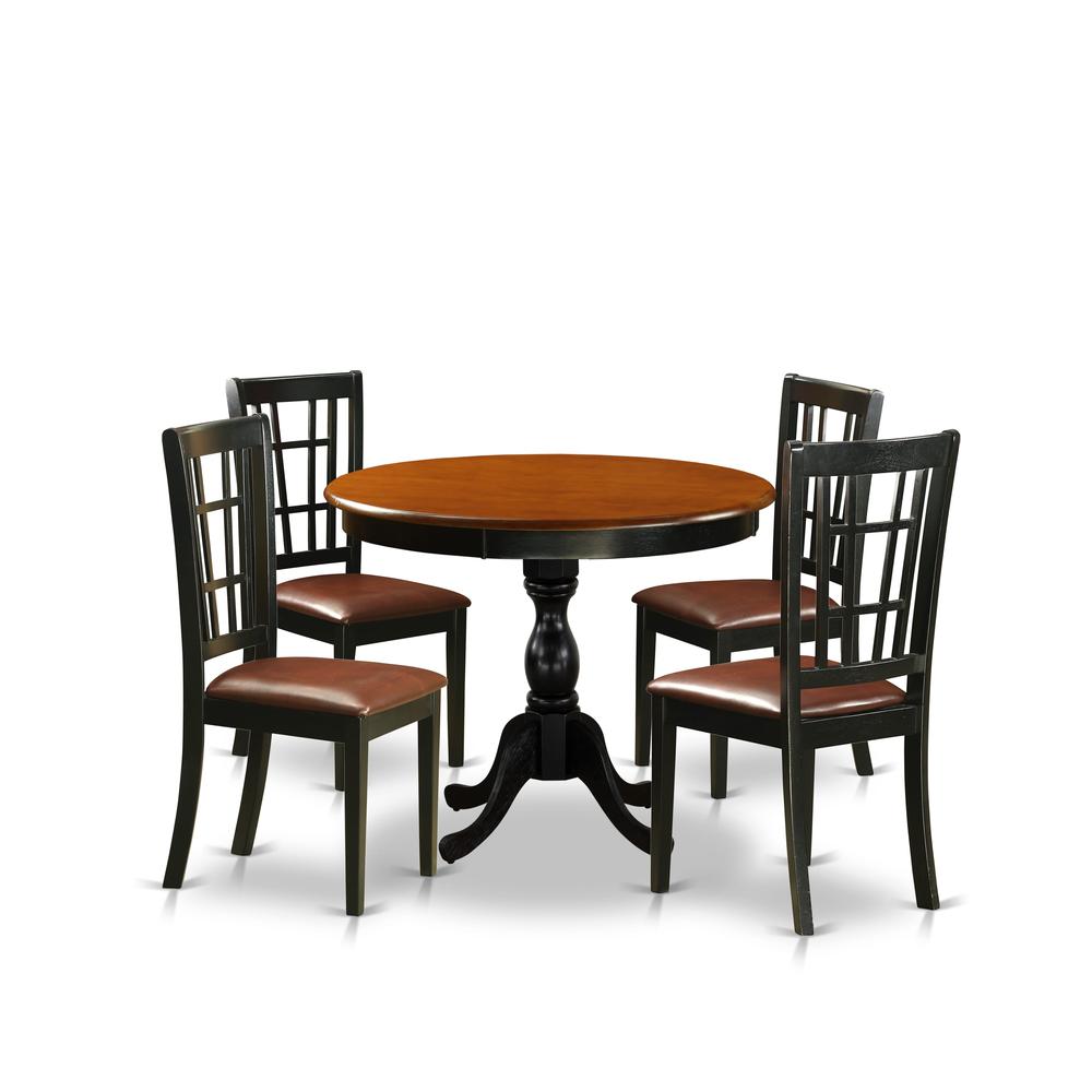 East West Furniture 5-Piece Dinette Set consisting of a Wood Table and 4 Faux Leather Dinner Chairs with Slatted Back- Black Finish. Picture 1