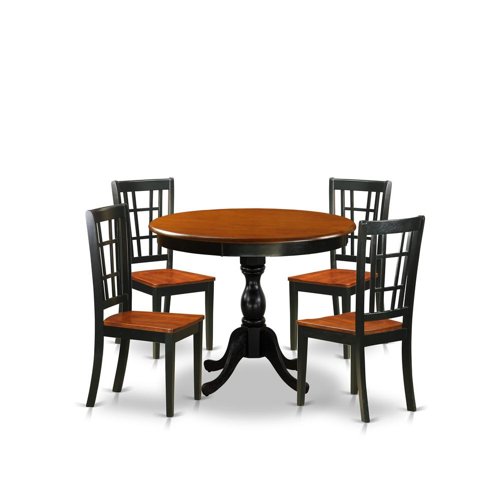 East West Furniture 5-Piece Dining Room Set Include a Wood Table and 4 Dining Chairs with Slatted Back - Black Finish. Picture 1