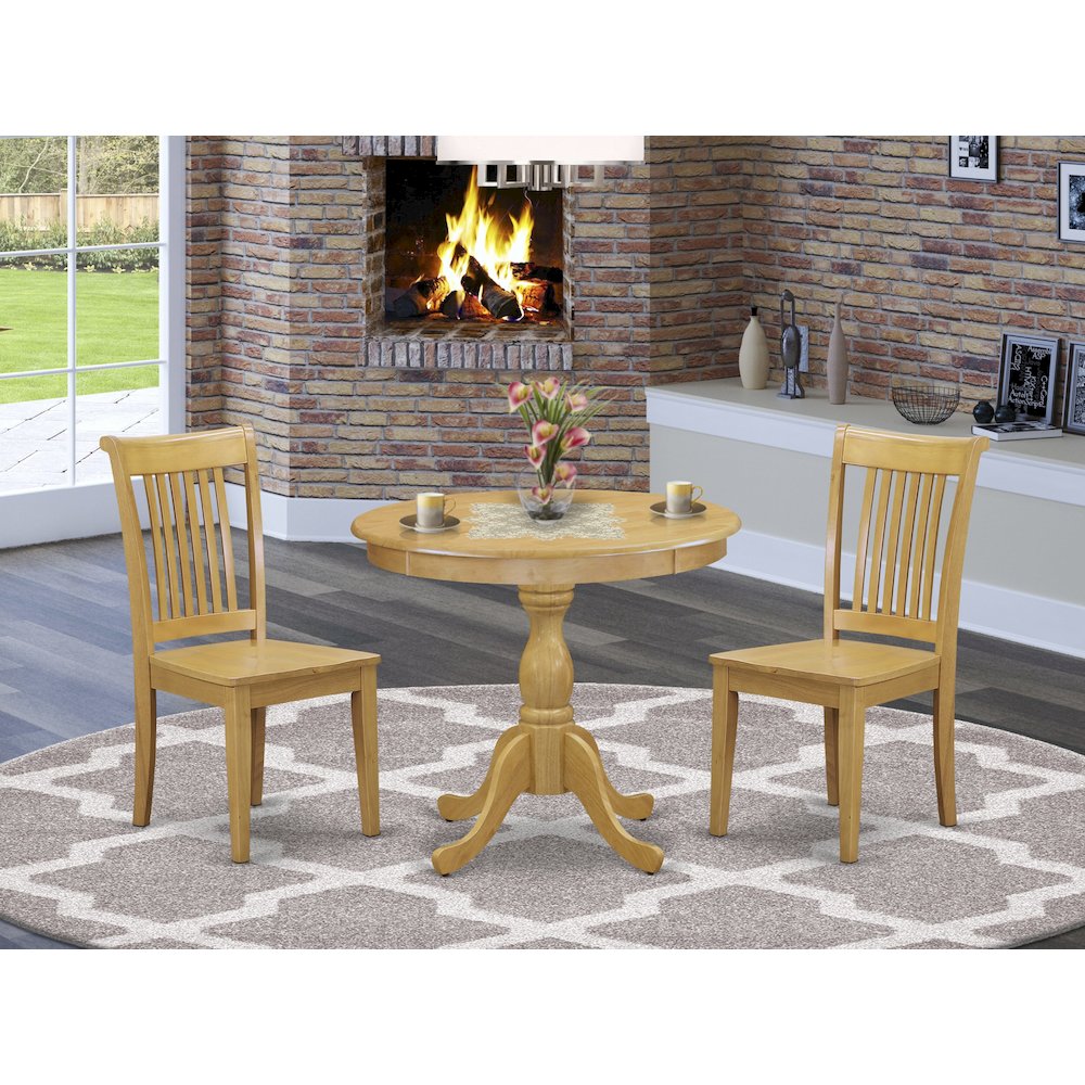 East West Furniture 3 Piece Dinette Set Includes 1 Wood Dining Table and 2 Oak Wood Dining Chairs with Slatted Back - Oak Finish. Picture 2