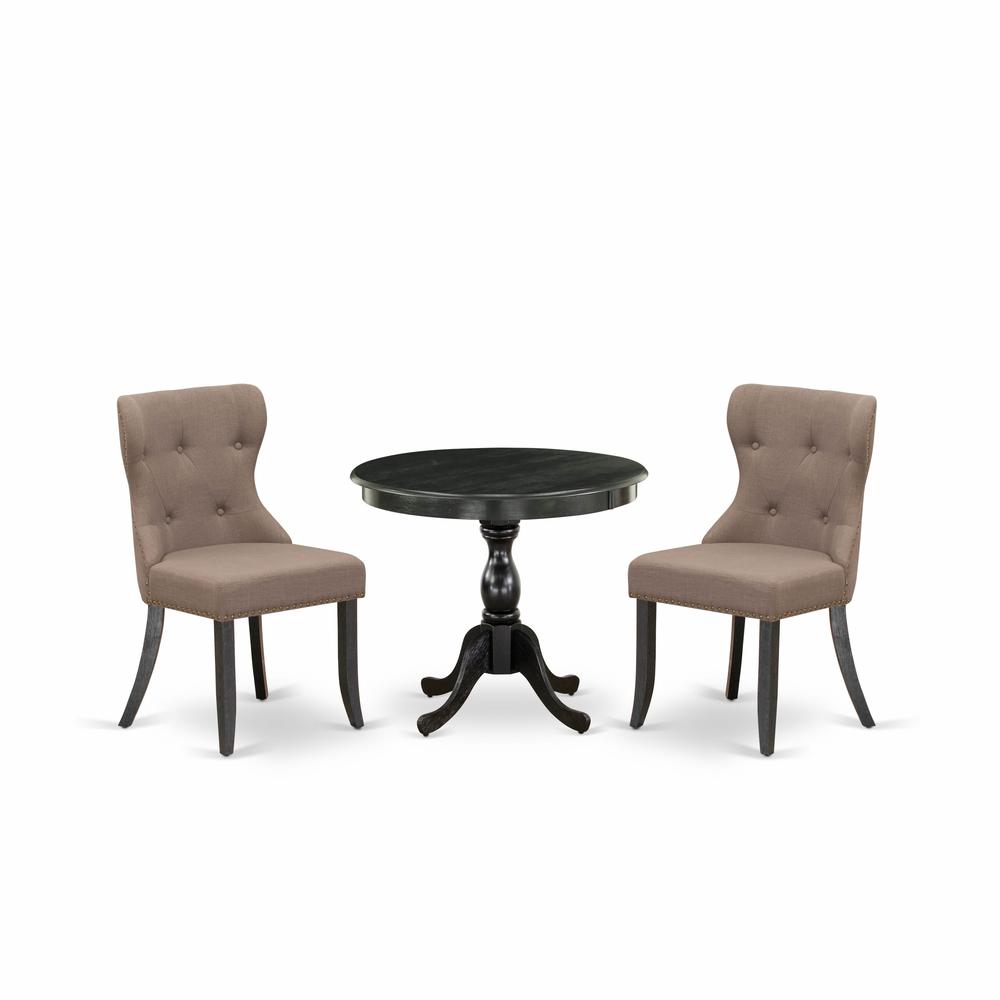 East West Furniture 3 Piece Dining Table Set Contains 1 Dining Room Table and 2 Coffee Linen Fabric Dining Chairs Button Tufted Back with Nail Heads - Wire Brushed Black Finish. Picture 1