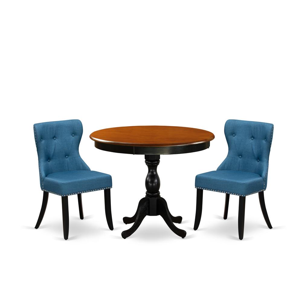East West Furniture 3-Pc Dining Table Set Contains a Wood Dining Table and 2 Blue Linen Fabric Mid Century Modern Chairs with Button Tufted Back - Black Finish. Picture 1
