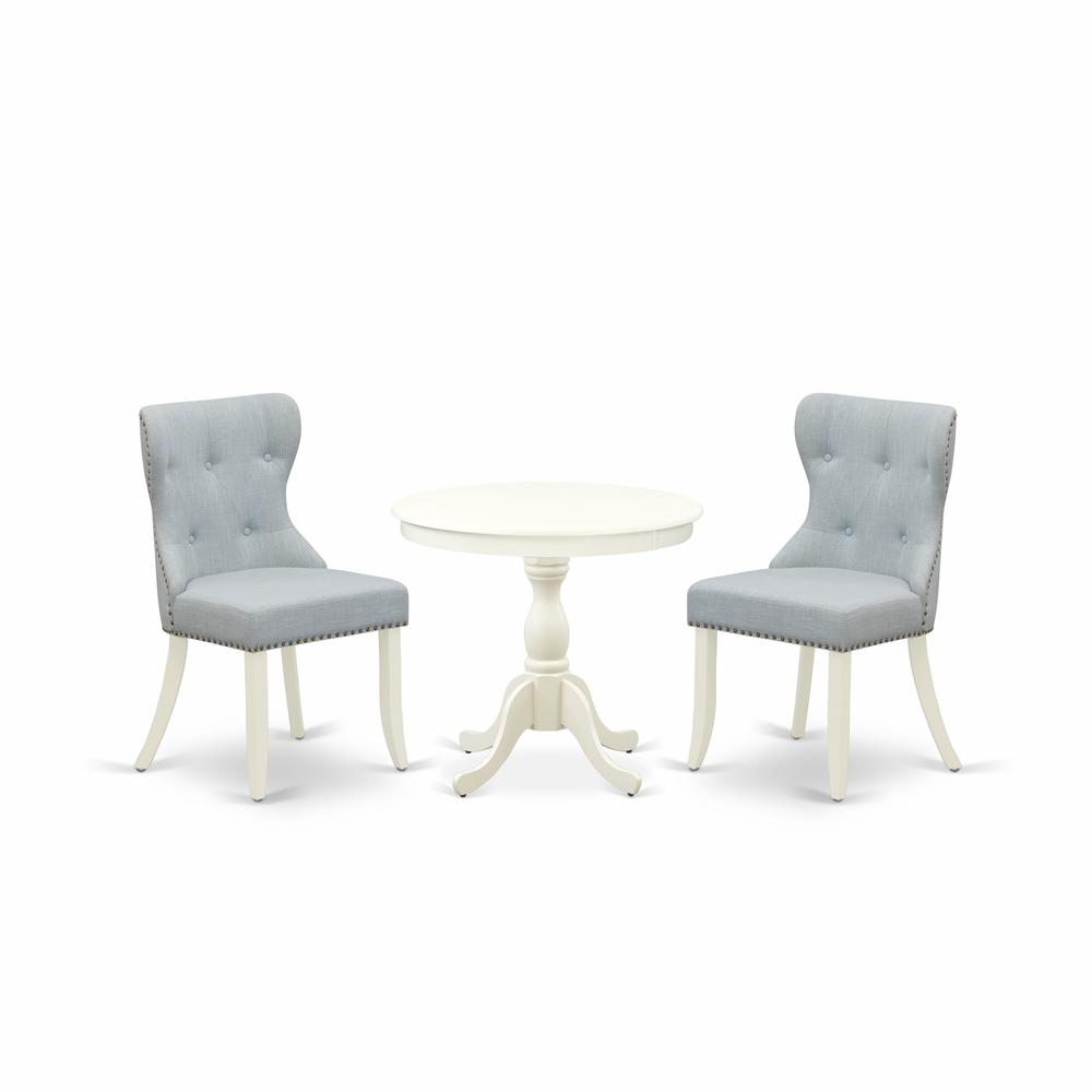 AMSI3-LWH-15 3 Piece Dining Table Set - 1 Pedestal Table and 2 Baby Blue parson chairs - Linen White Finish. Picture 1
