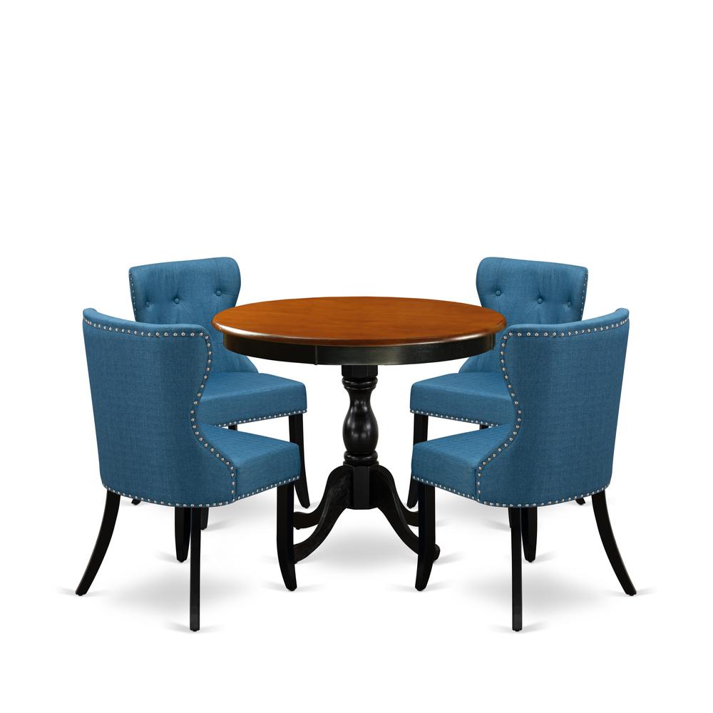 East West Furniture 5-Piece Dining Table Set Contains a Mid Century Dining Table and 4 Blue Linen Fabric Midcentury Modern Dining Chairs with Button Tufted Back - Black Finish. Picture 1