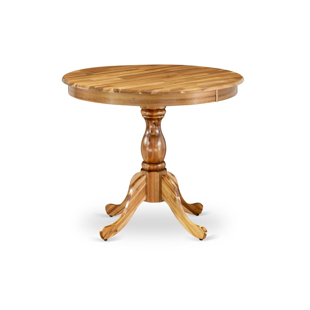 Round Dining Table Natural Acacia Color Table Top Surface and Asian Wood Round Table Pedestal Legs -Natural Acacia Finish. Picture 1