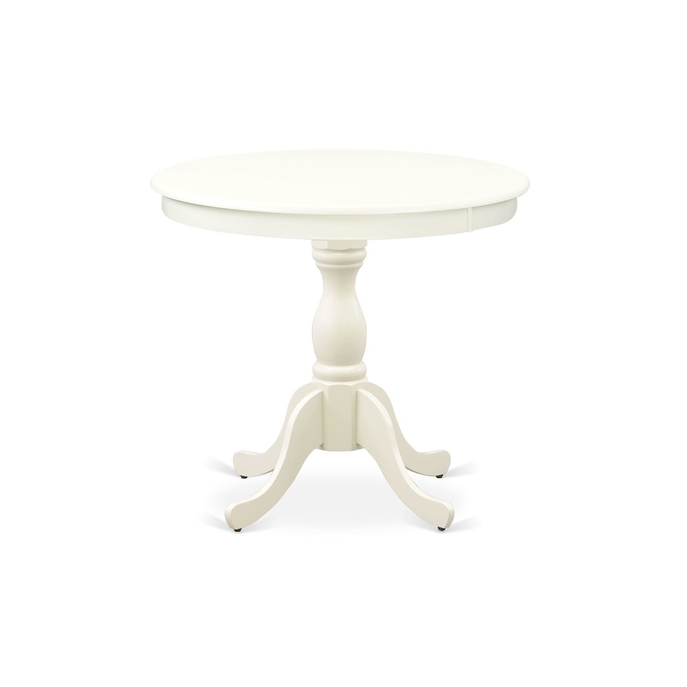 East West Furniture 3 Piece Dining Table Set Includes 1 Round Pedestal Dining Table and 2 Linen White Dinning Room Chairs with Slatted Back - Linen White Finish. Picture 3