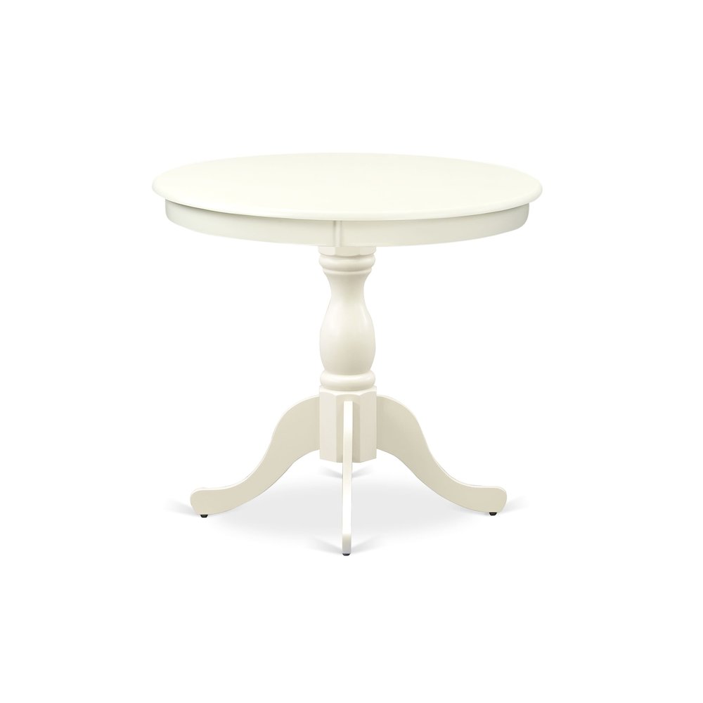 East West Furniture 3 Piece Dining Table Set Includes 1 Round Pedestal Dining Table and 2 Linen White Dinning Room Chairs with Slatted Back - Linen White Finish. Picture 4