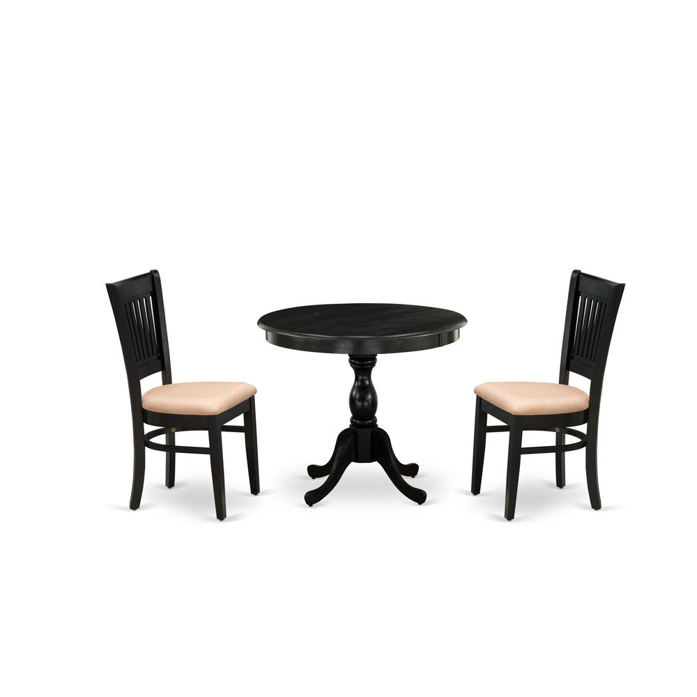 East West Furniture 3-Pc Modern Dining Table Set- 2 Wood Dining Chair and Dining Room Table - Linen Fabric Seat and Slatted Chair Back (Black Finish). Picture 1