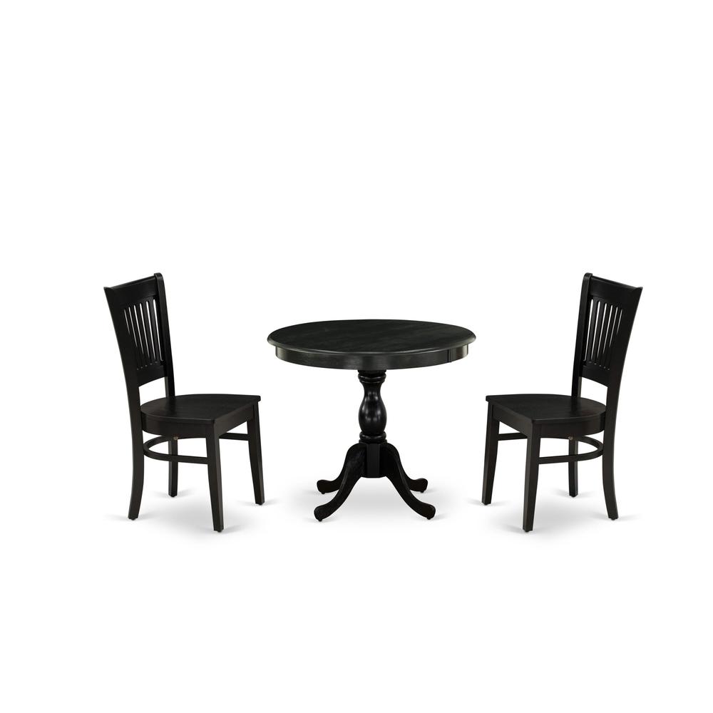 East West Furniture 3-Pc Dinette Room Set- 2 Modern Dining Room Chair and Kitchen Dining Table - Wooden Seat and Slatted Chair Back (Black Finish). Picture 1