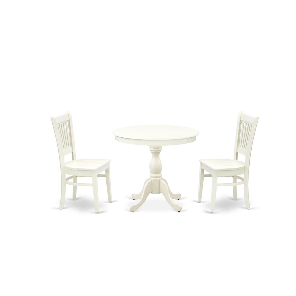 AMVA3-LWH-W - 3-Pc Dining Room Table Set- 2 Dining Room Chair and Dining Table - Wooden Seat and Slatted Chair Back (Linen White Finish). Picture 1