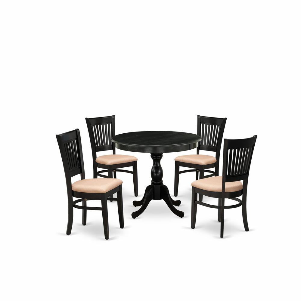 East West Furniture 5-Pc Dining Room Table Set- 4 Kitchen Chair and Modern dining room table - Linen Fabric Seat and Slatted Chair Back (Black Finish). Picture 1