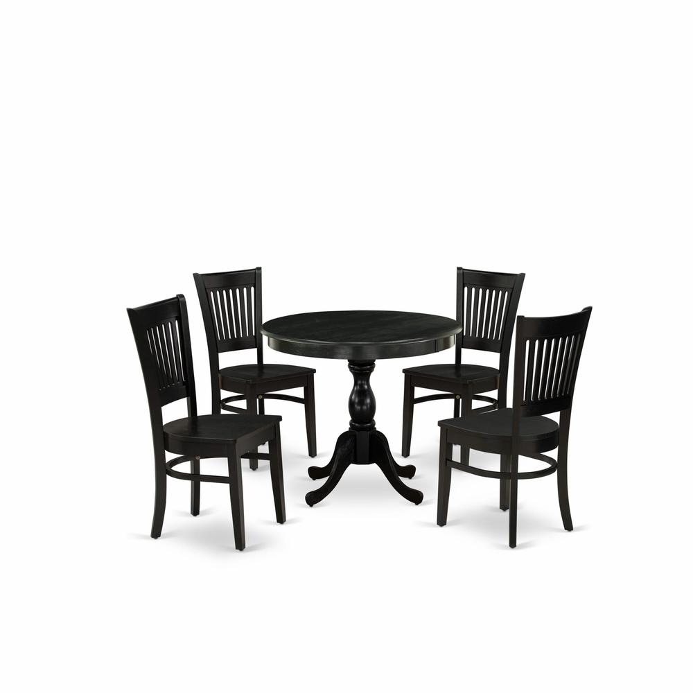East West Furniture 5-Piece Kitchen Dining Set- 4 Dining Chair and Modern Round Dining Table - Wooden Seat and Slatted Chair Back (Black Finish). Picture 1